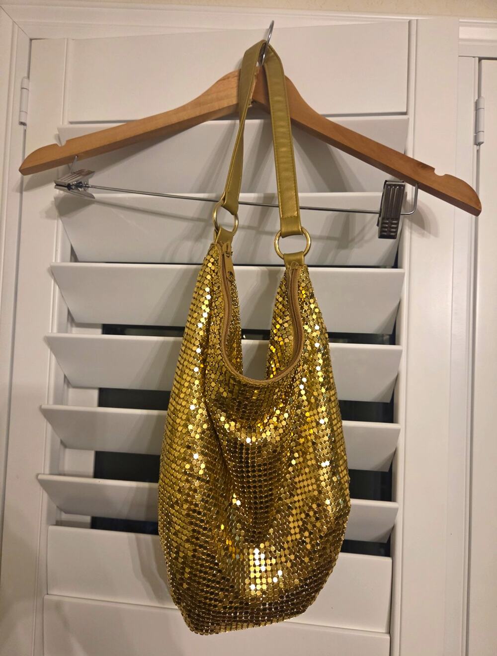 Gold Metallic Metal Mesh Sequin Crescent Shoulder Bag, Zip Closure, Lined
